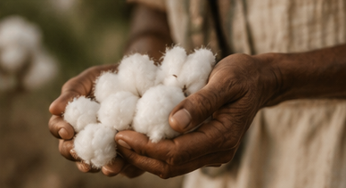 Hands holding raw harvested cotton bolls in Burgula