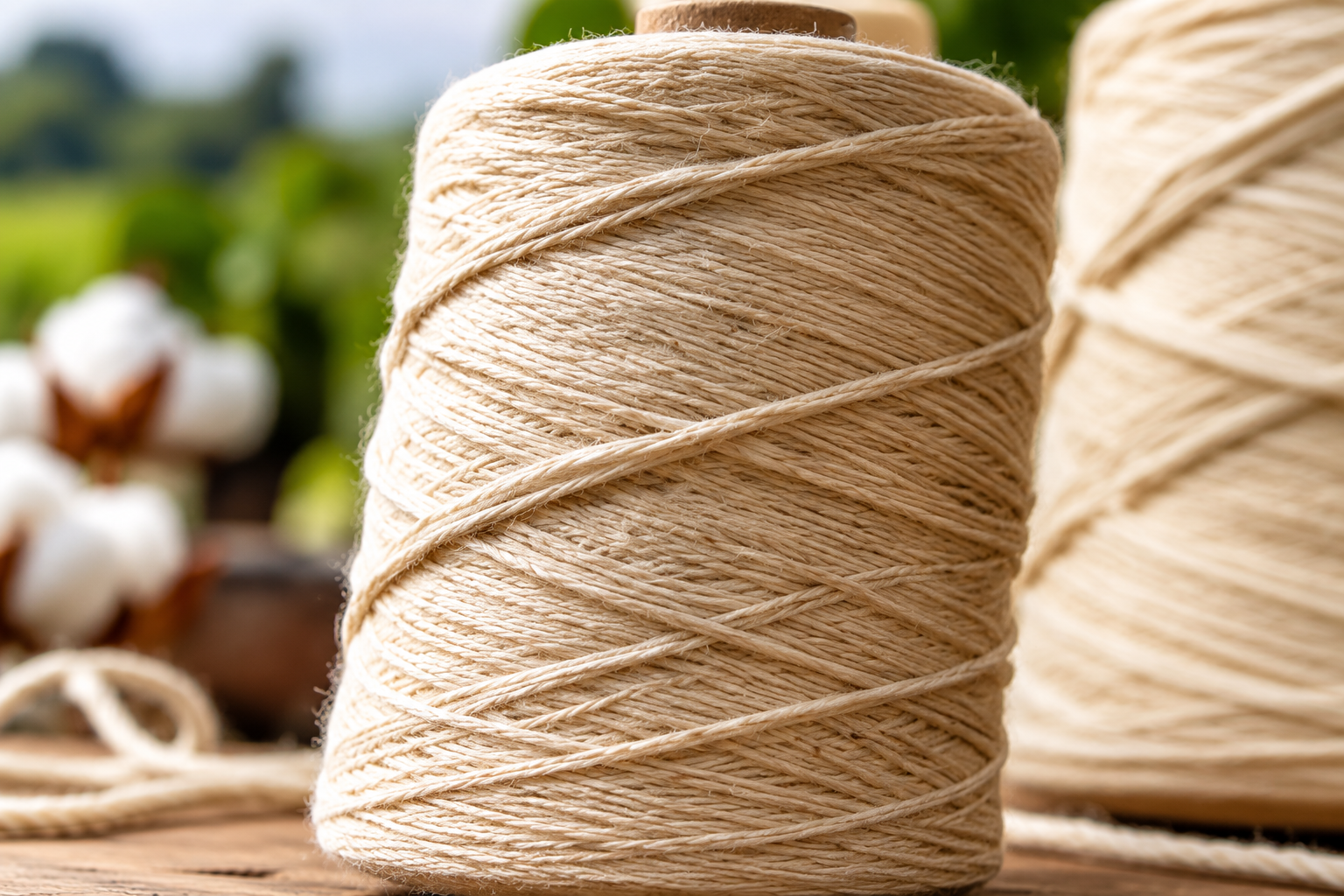 Spools of natural cotton yarn - Strength in every strand.