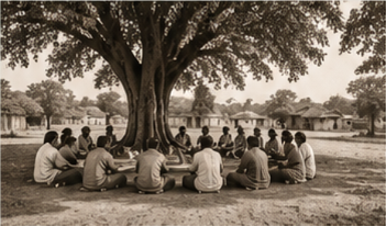 Community meeting under village tree in Burgula
